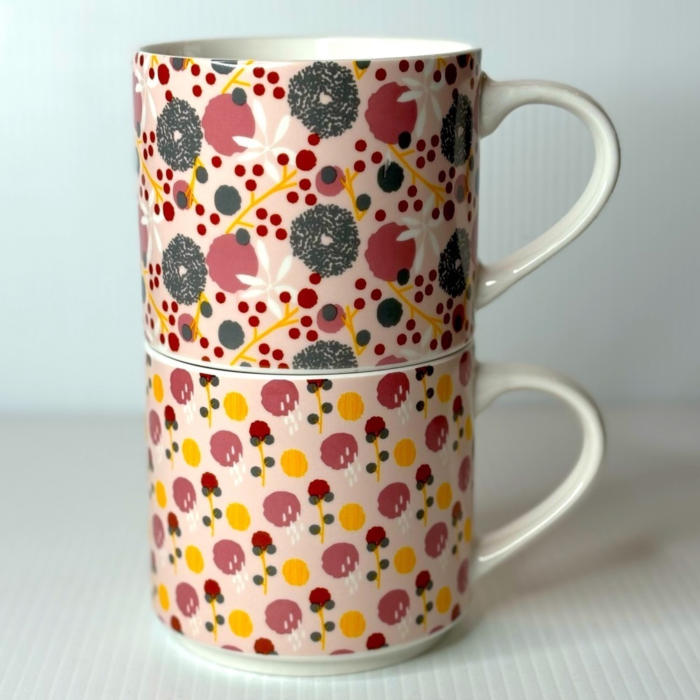Set Of 2 Coco & Lola Large Coffee Mugs Pink Floral And  Polka Dot Ceramic Set